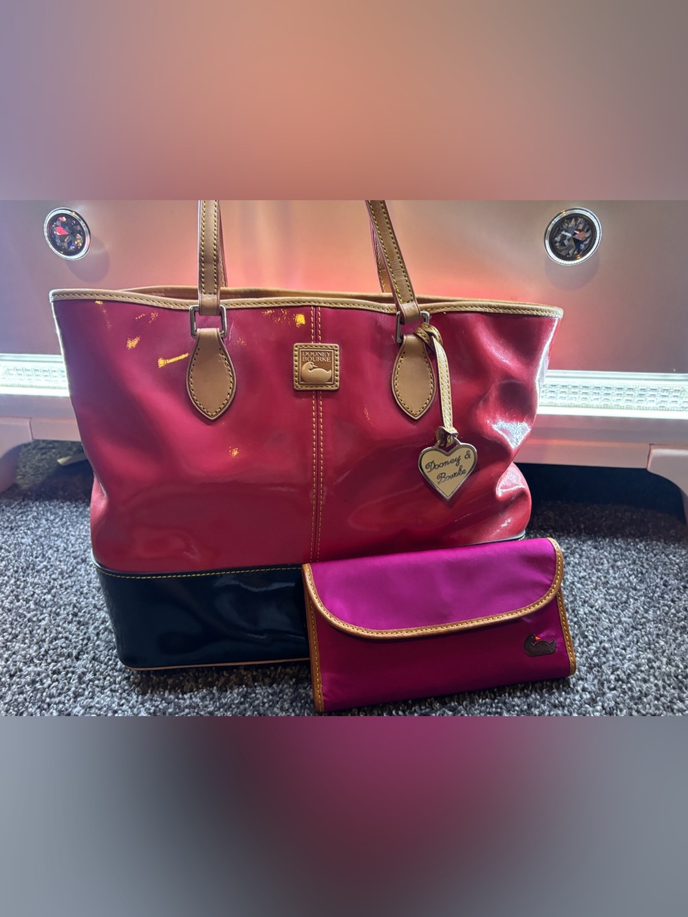 Retro Dooney & Bourke Magenta  Patent Colorblock Tote with Matching Wallet